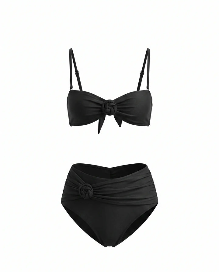SOLACE  Black High Waist Knot Front Bikini Set 