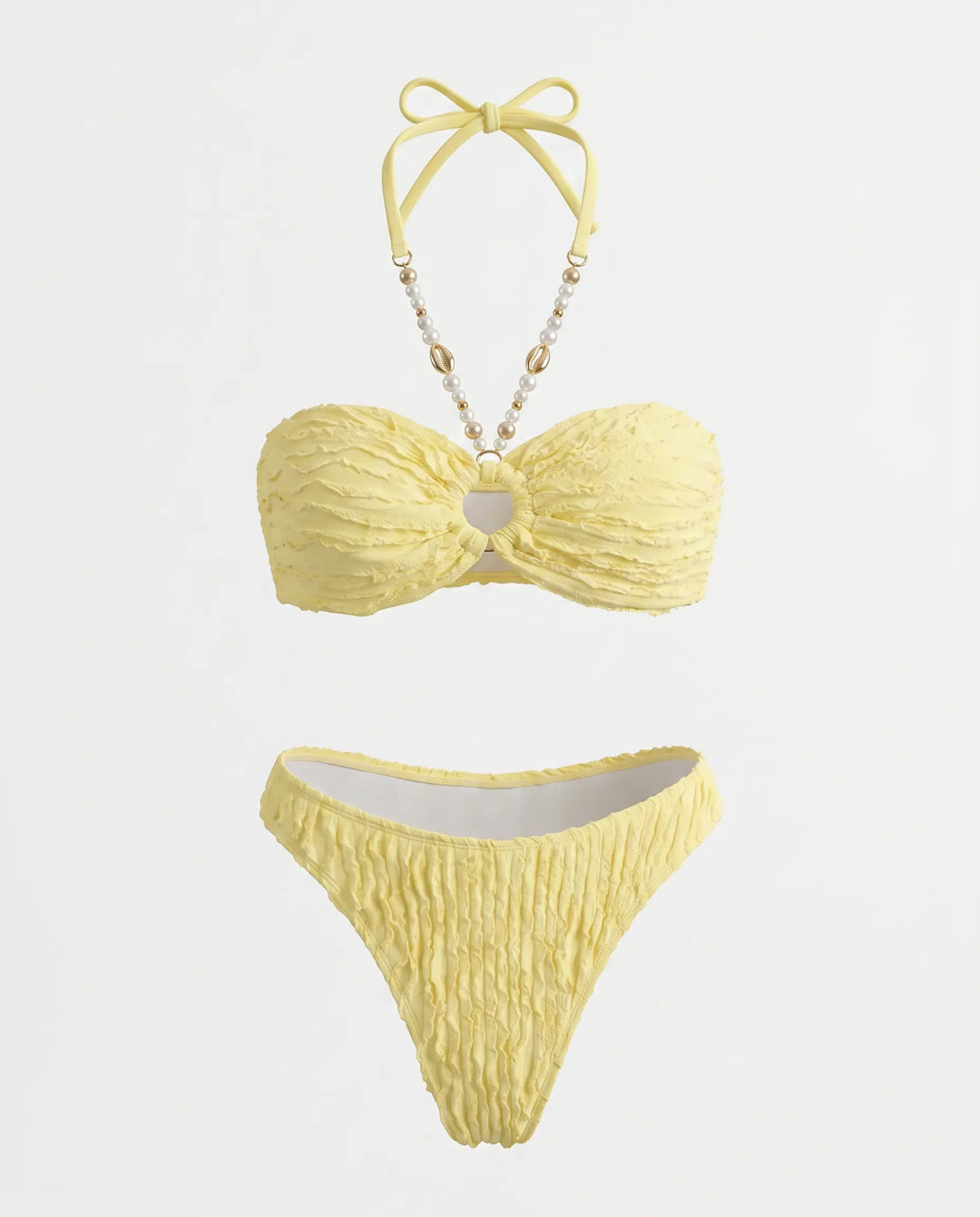 SOLACE  Yellow Textured Halter Chain Bikini Set 