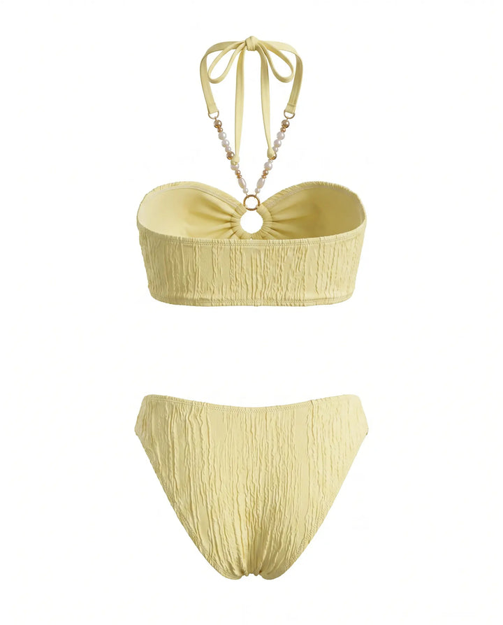 SOLACE  Yellow Textured Halter Chain Bikini Set 