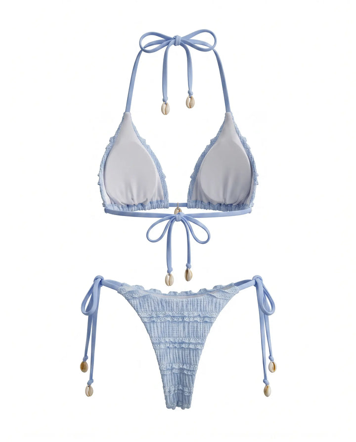 SOLACE  Light Blue Textured Halter Tie Bikini Set 