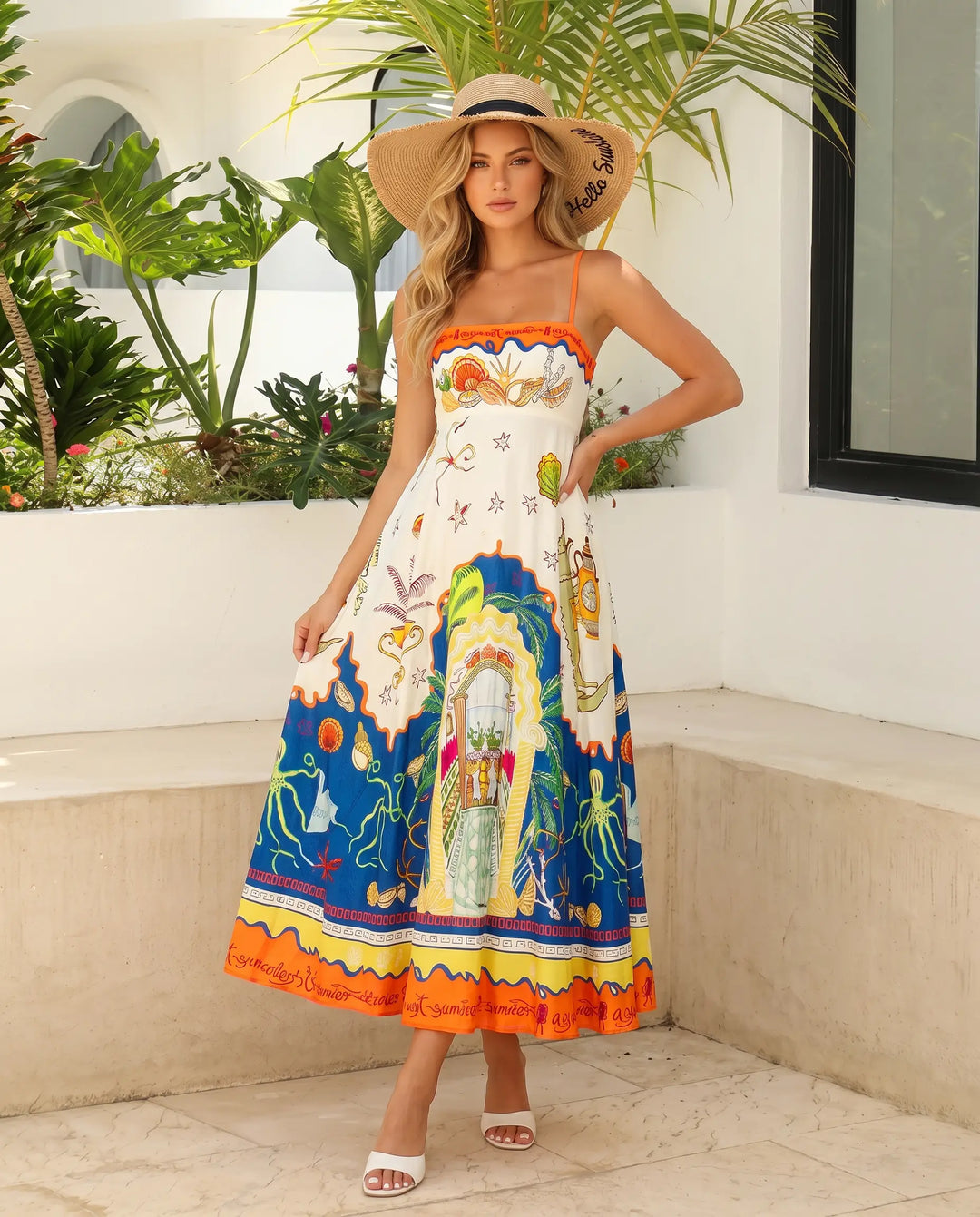 SOLACE  Vacation Print Smocked Back A-Line Maxi Dress 