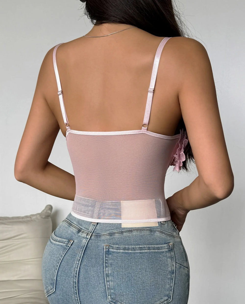 SOLACE  Pink 3D Floral Lace-Up Mesh Corset Cami Top 