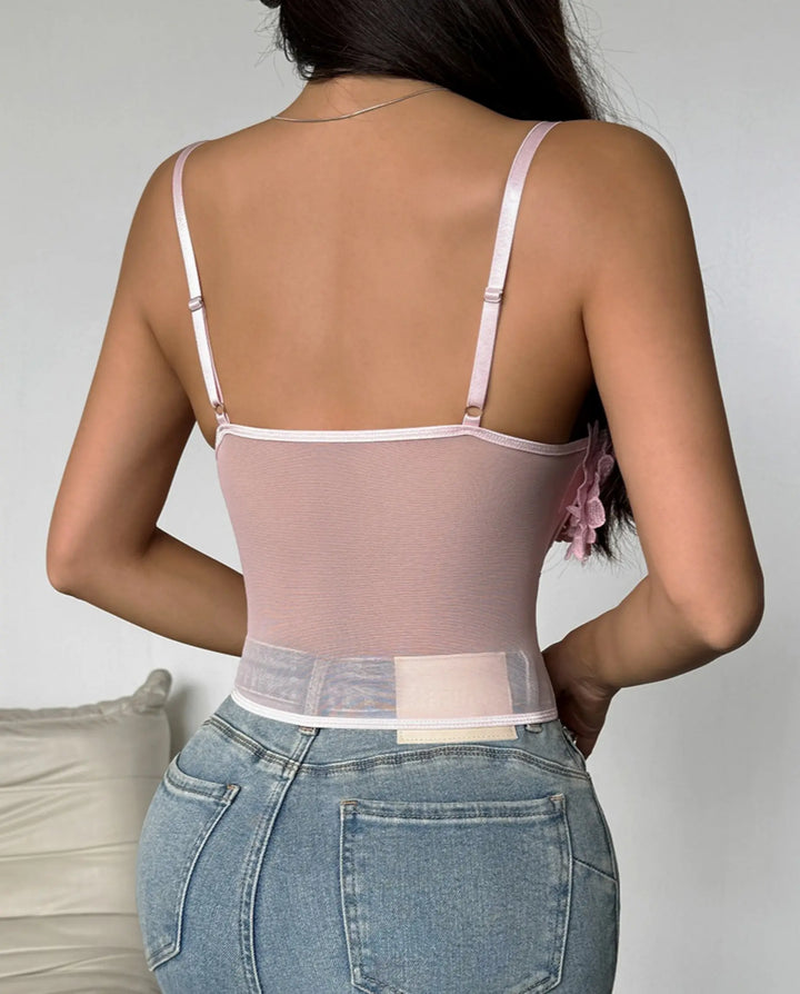 SOLACE  Pink 3D Floral Lace-Up Mesh Corset Cami Top 