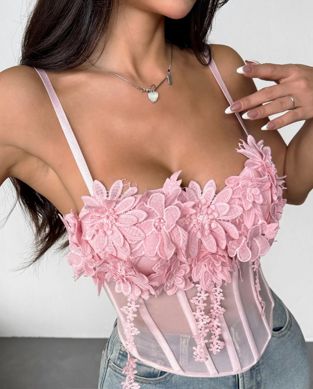 SOLACE  Pink 3D Floral Lace-Up Mesh Corset Cami Top 