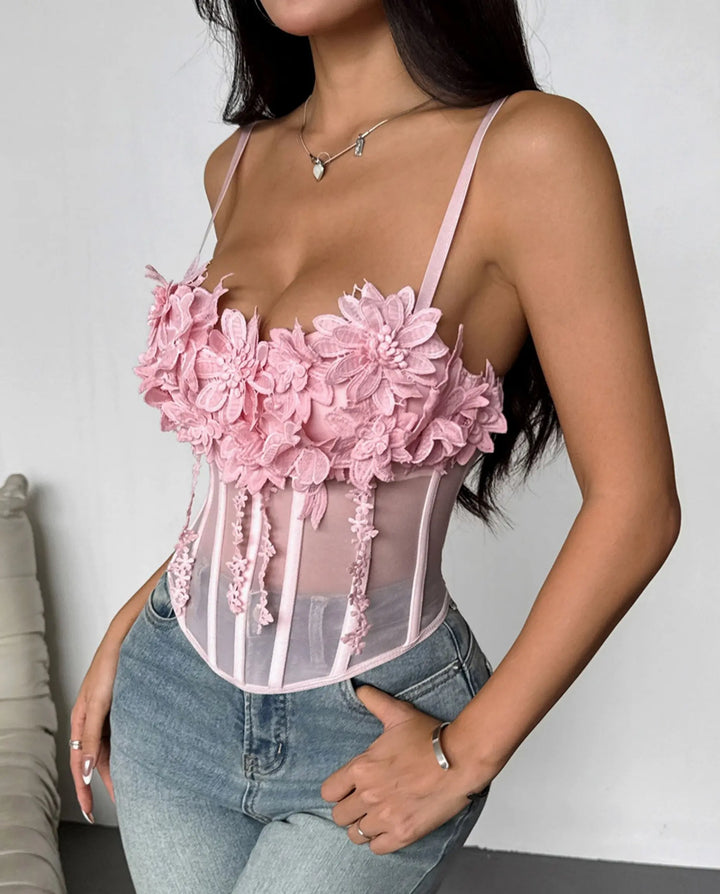 SOLACE  Pink 3D Floral Lace-Up Mesh Corset Cami Top 