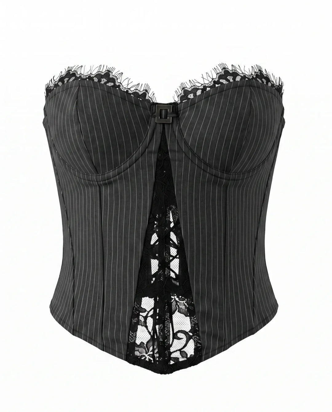 SOLACE  Black Pinstripe Strapless Lace Detail Corset Top 