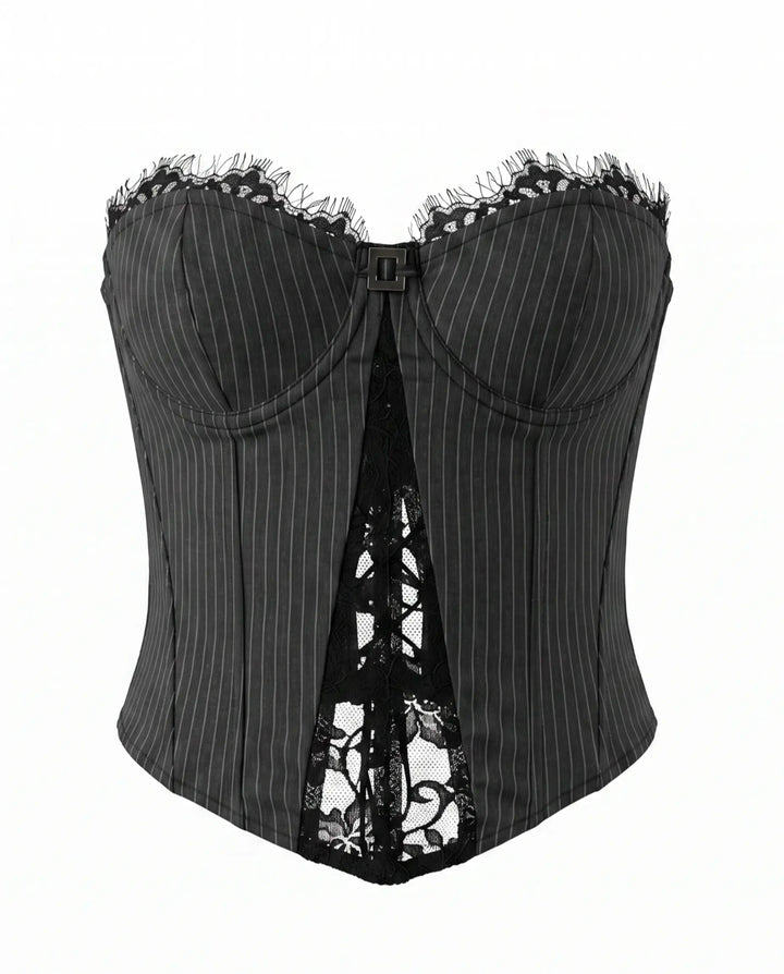 SOLACE  Black Pinstripe Strapless Lace Detail Corset Top 