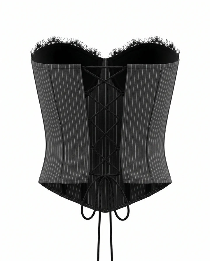 SOLACE  Black Pinstripe Strapless Lace Detail Corset Top 