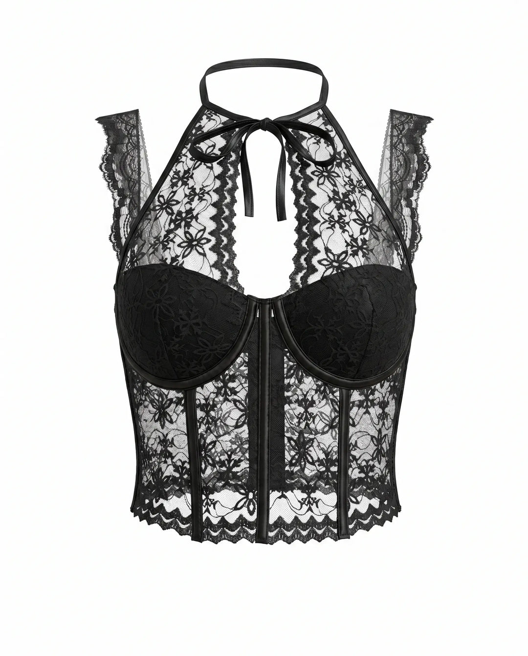 SOLACE  Black Floral Lace Halter Corset Bustier Crop Top 