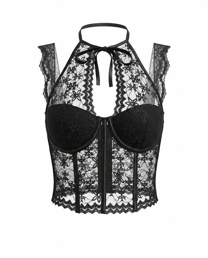 SOLACE  Black Floral Lace Halter Corset Bustier Crop Top 