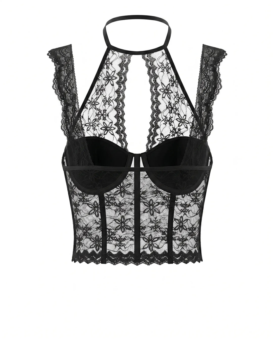 SOLACE  Black Floral Lace Halter Corset Bustier Crop Top 