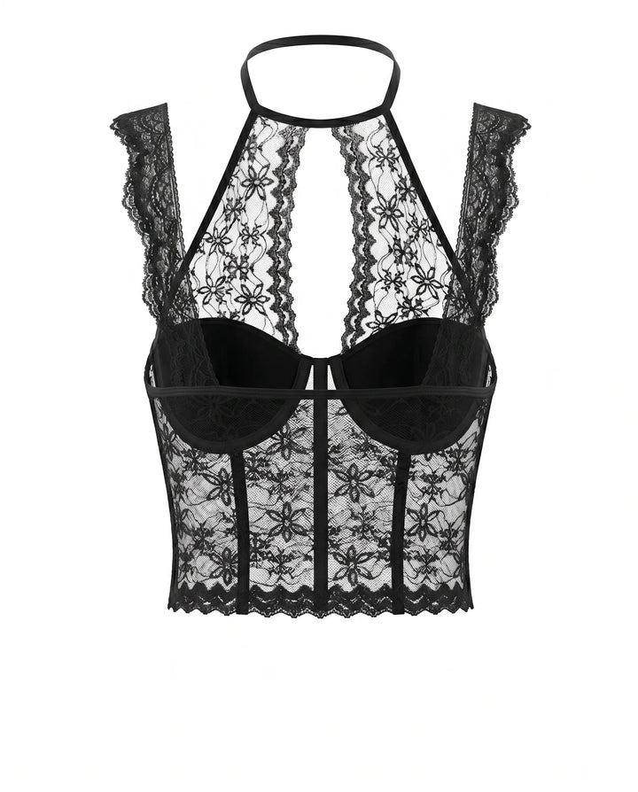 SOLACE  Black Floral Lace Halter Corset Bustier Crop Top 