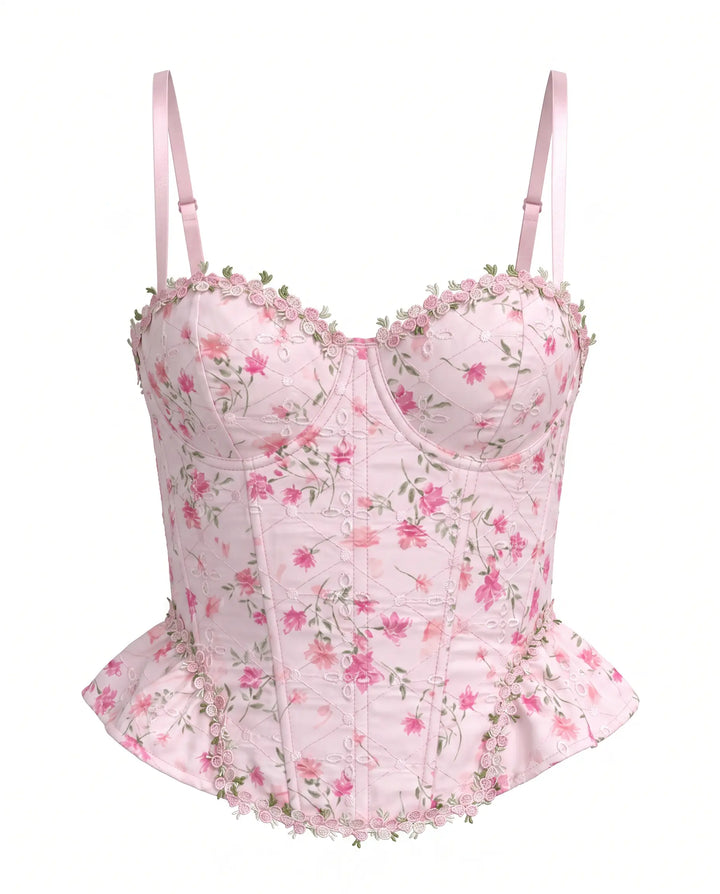 SOLACE  Pink Floral Lace Trim Corset Cami Top 