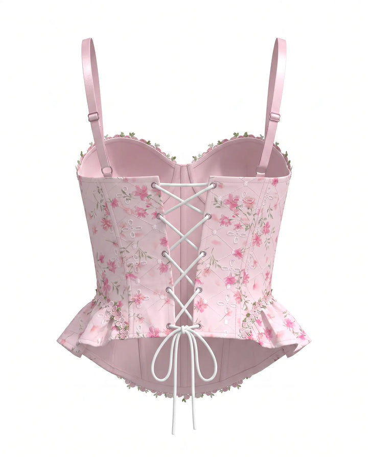 SOLACE  Pink Floral Lace Trim Corset Cami Top 