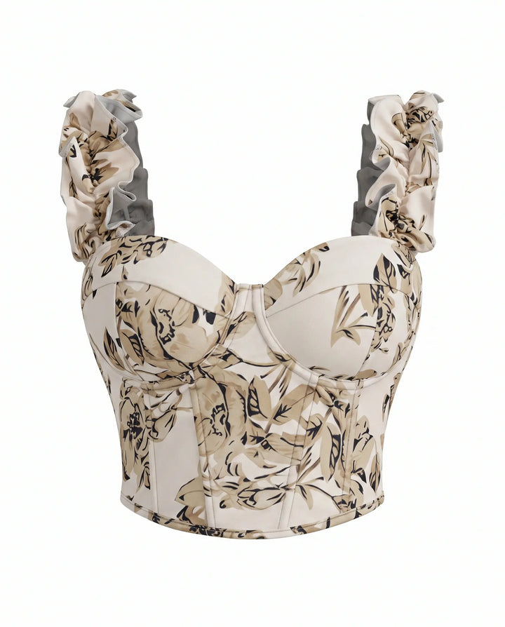 SOLACE  Floral Print Ruffle Strap Corset Crop Top 