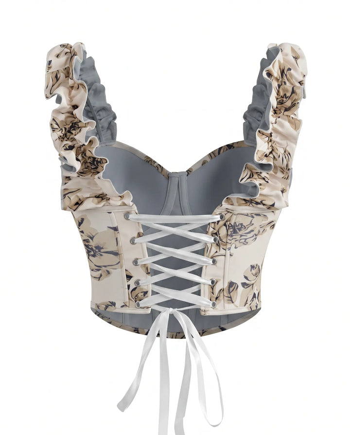 SOLACE  Floral Print Ruffle Strap Corset Crop Top 
