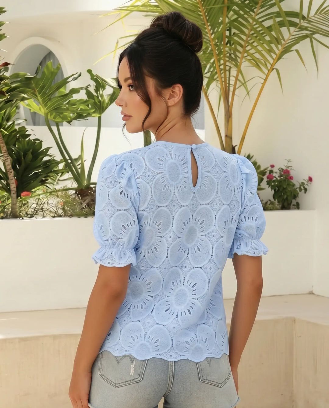 SOLACE  Blue Eyelet Embroidery Puff Sleeve Blouse 