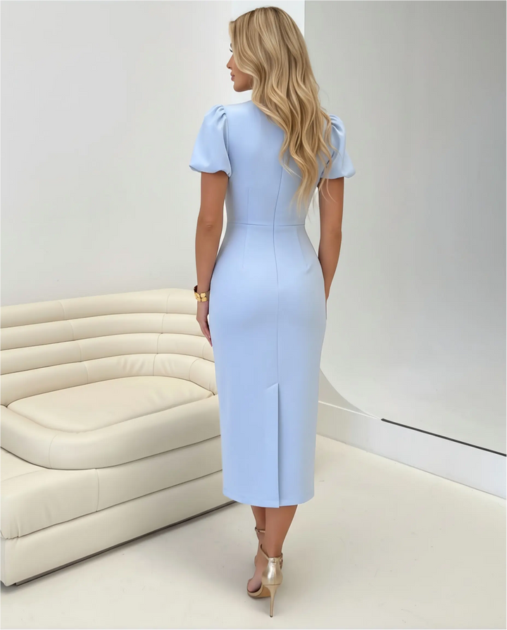SOLACE  Light Blue Puff Sleeve Round Neck Bodycon Midi Dress 