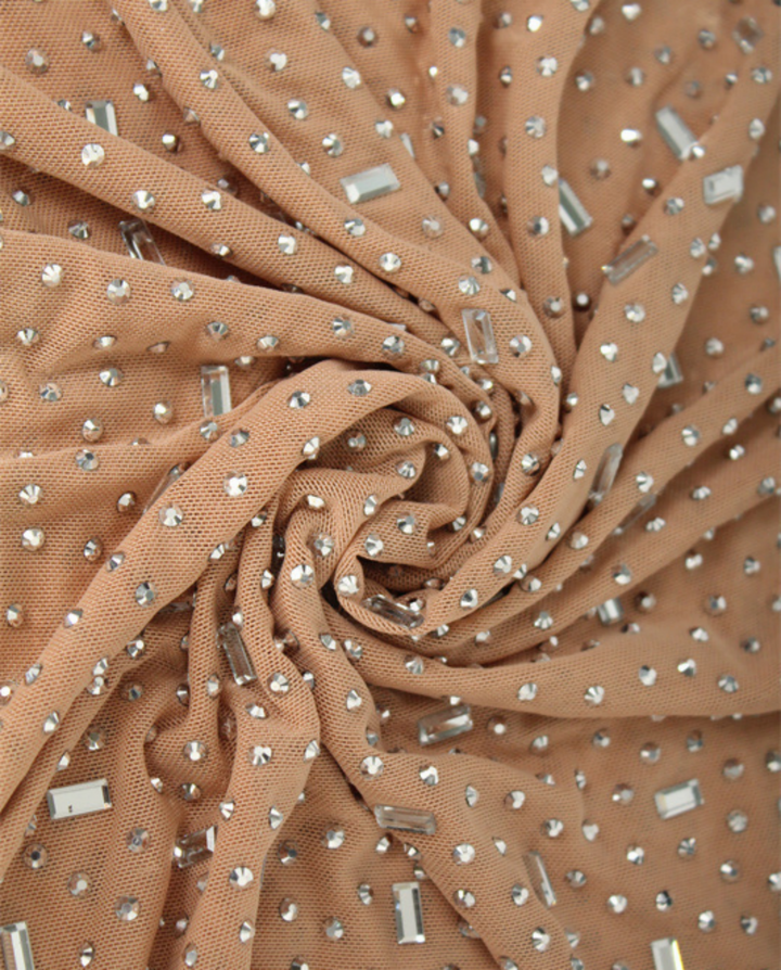 Nude Rhinestone Mesh Strapless Mermaid Maxi Dress