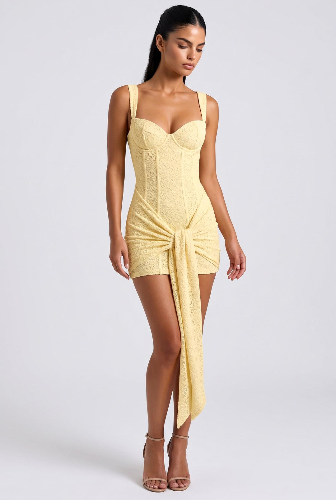 SOLACEYellow Lace Corset Bustier Draped Tie Mini Dress