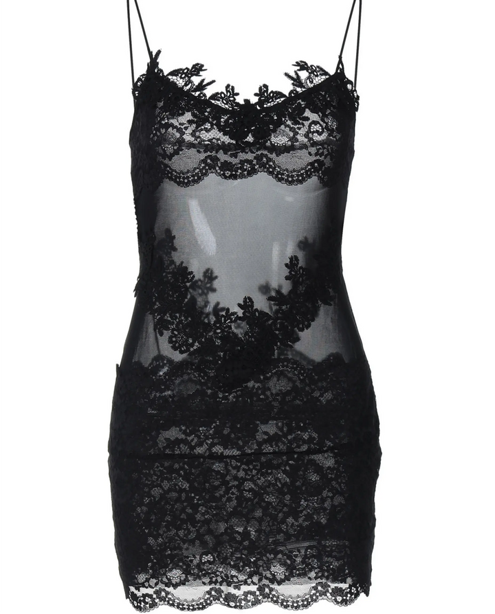 SOLACE  Black Sheer Lace Patchwork Bodycon Mini Dress 