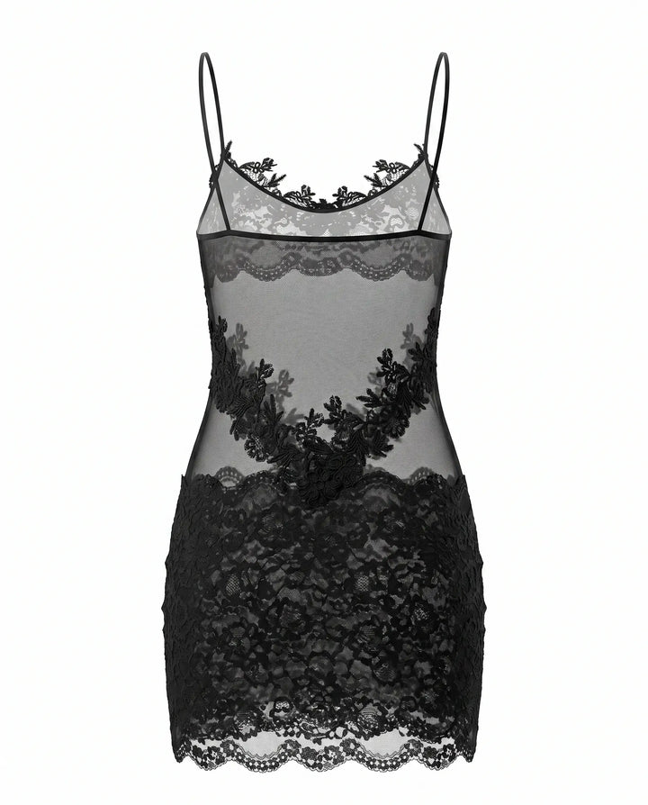 SOLACE  Black Sheer Lace Patchwork Bodycon Mini Dress 