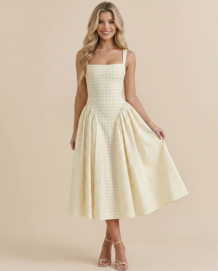 SOLACE  Yellow Gingham Square Neck A-Line Midi Dress 