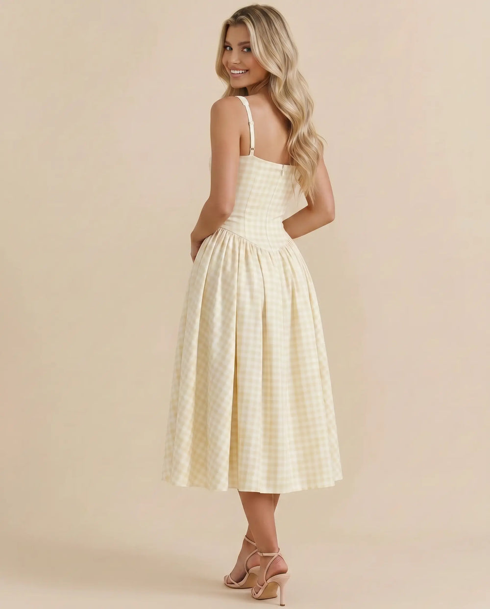 SOLACE  Yellow Gingham Square Neck A-Line Midi Dress 