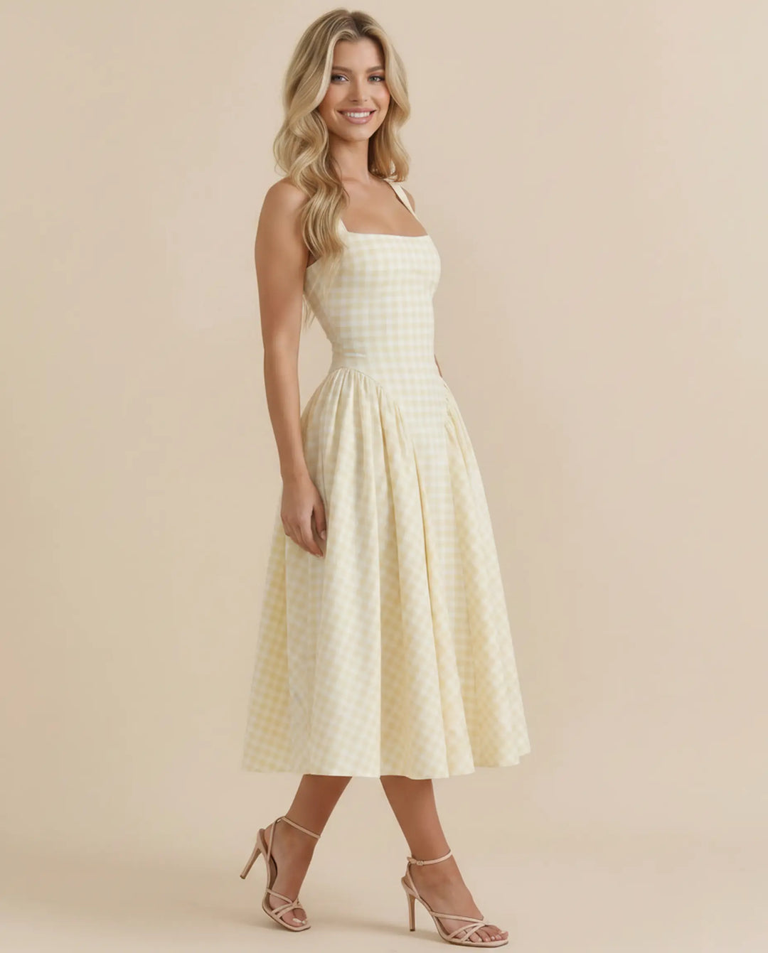 SOLACE  Yellow Gingham Square Neck A-Line Midi Dress 