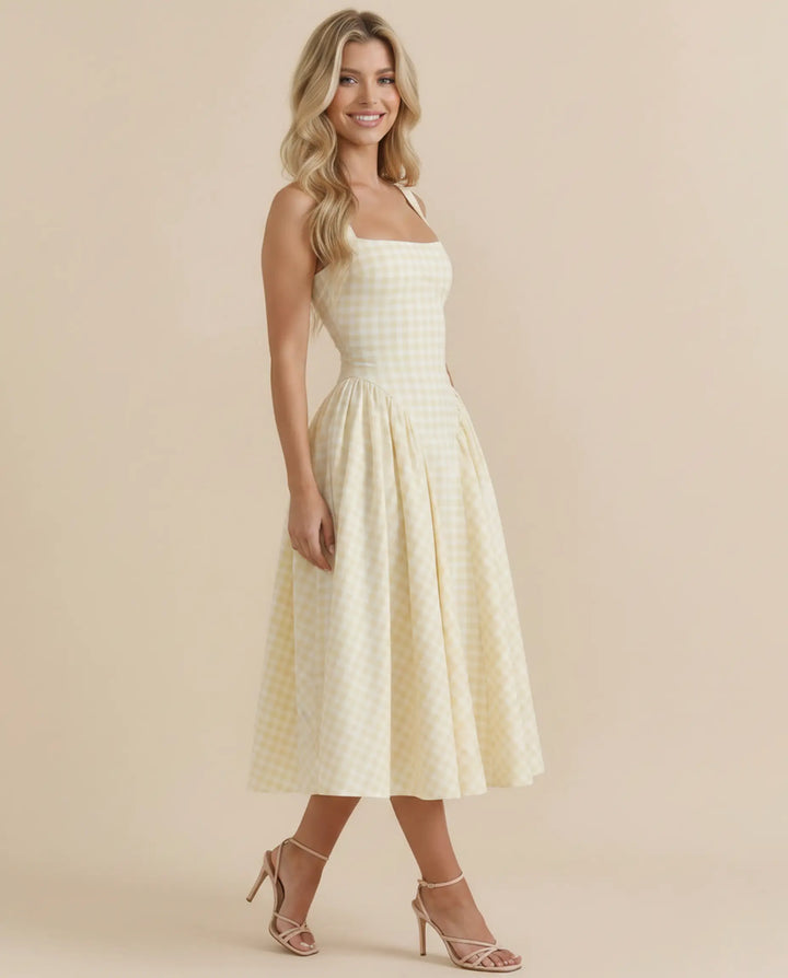 SOLACE  Yellow Gingham Square Neck A-Line Midi Dress 