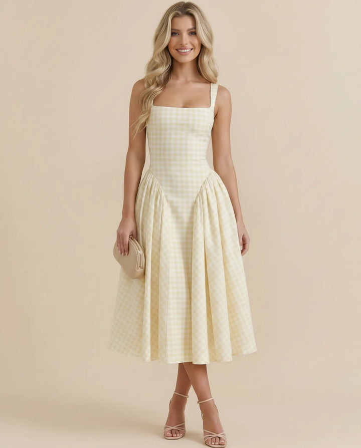 SOLACE  Yellow Gingham Square Neck A-Line Midi Dress 