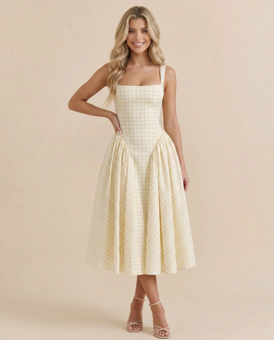 SOLACE  Yellow Gingham Square Neck A-Line Midi Dress 