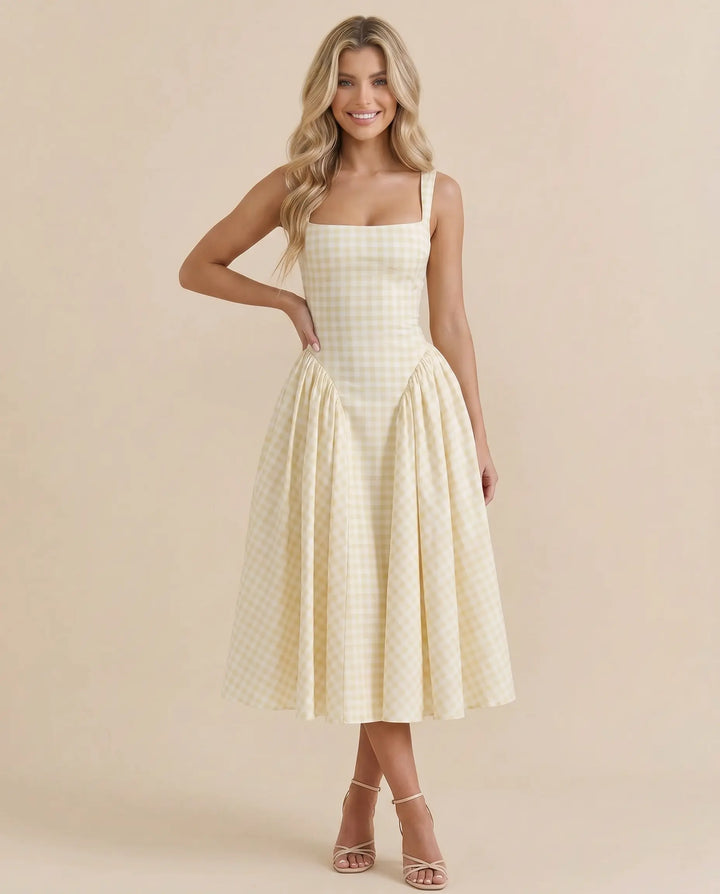 SOLACE  Yellow Gingham Square Neck A-Line Midi Dress 