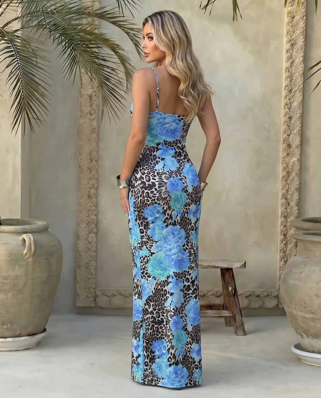SOLACE  Blue Floral Spaghetti Strap Bodycon Maxi Dress 