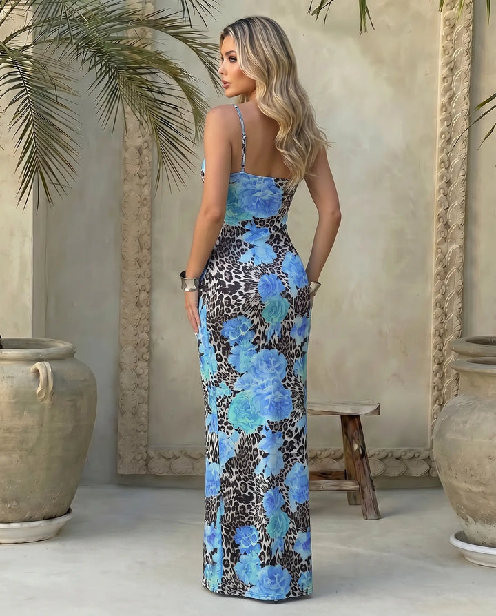 SOLACE  Blue Floral Spaghetti Strap Bodycon Maxi Dress 