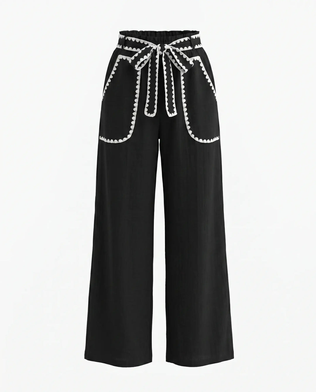 SOLACE  Black White Contrast Stitch High Waist Wide Leg Pants 