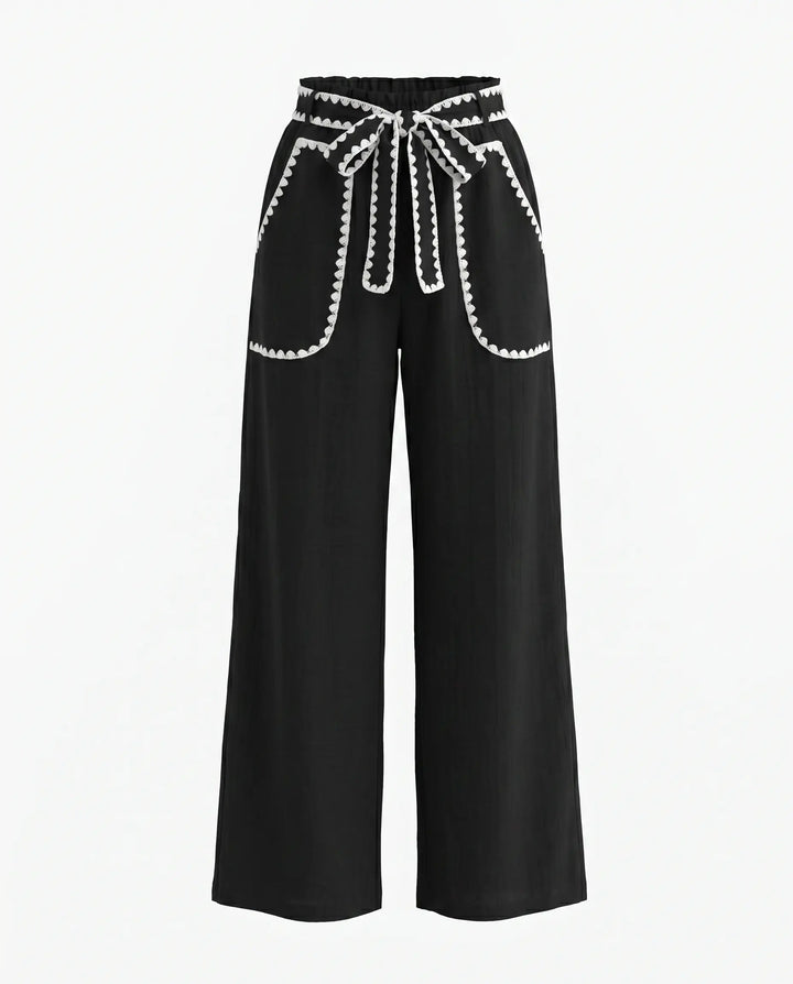 SOLACE  Black White Contrast Stitch High Waist Wide Leg Pants 