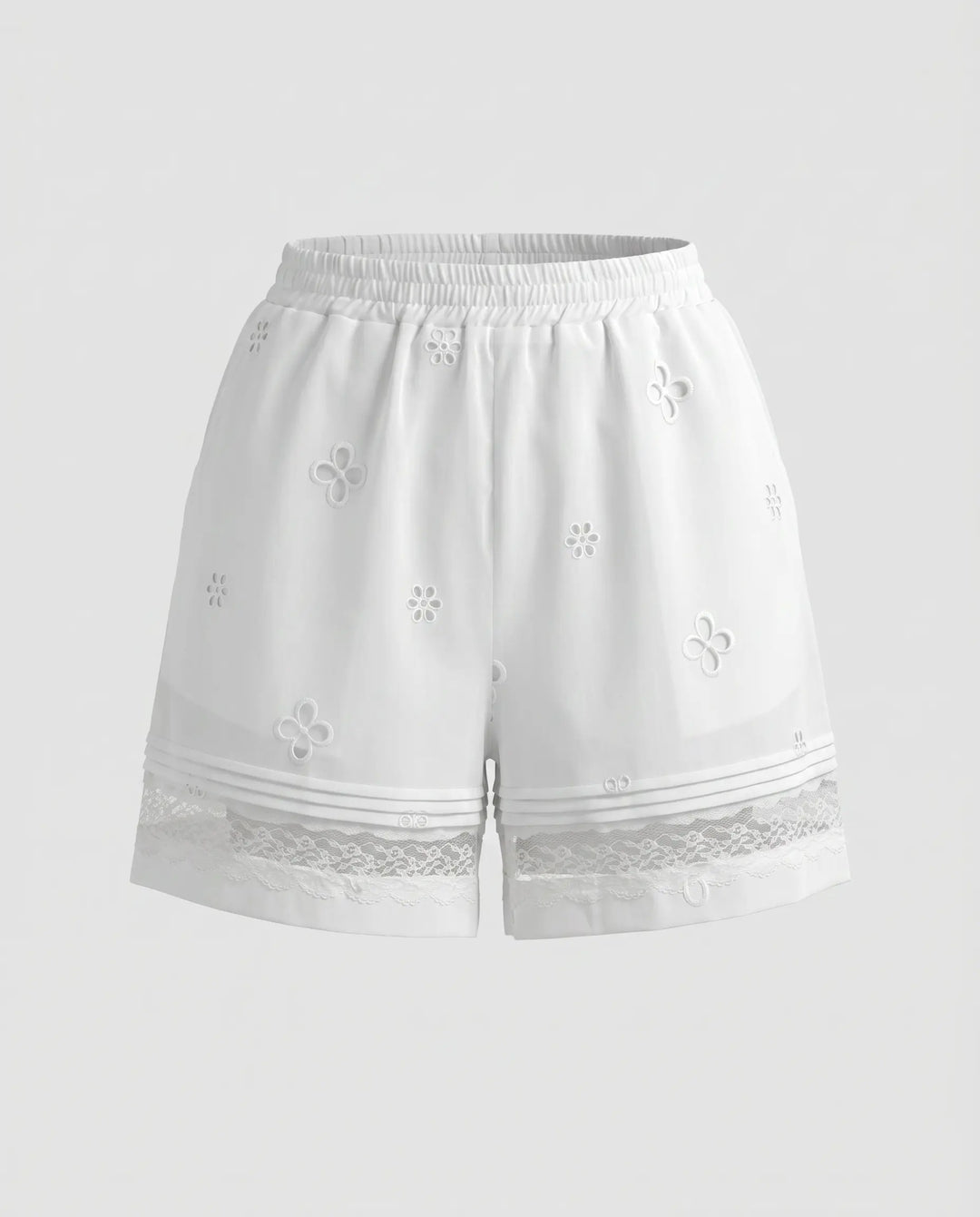 SOLACE  White Floral Eyelet Lace Trim Casual Shorts 