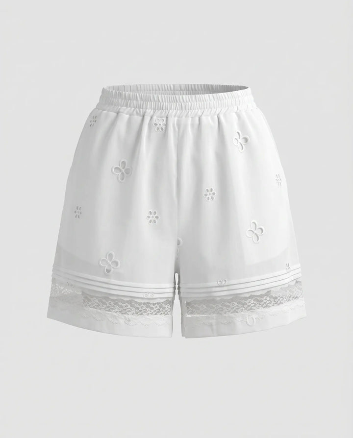 SOLACE  White Floral Eyelet Lace Trim Casual Shorts 