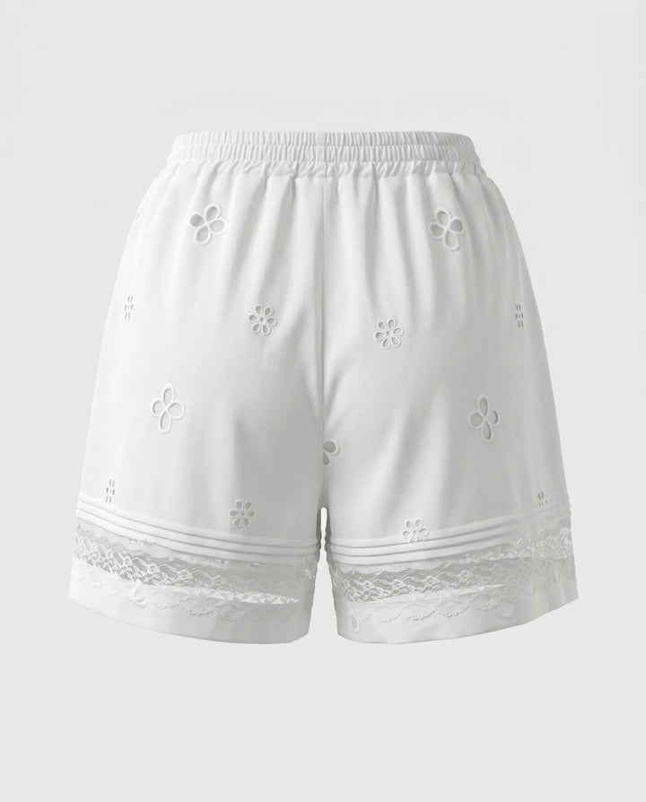 SOLACE  White Floral Eyelet Lace Trim Casual Shorts 