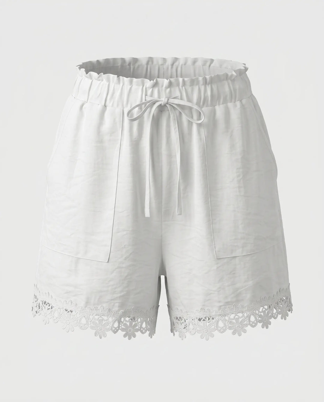 SOLACE  White Lace Trim Drawstring High Waist Shorts 