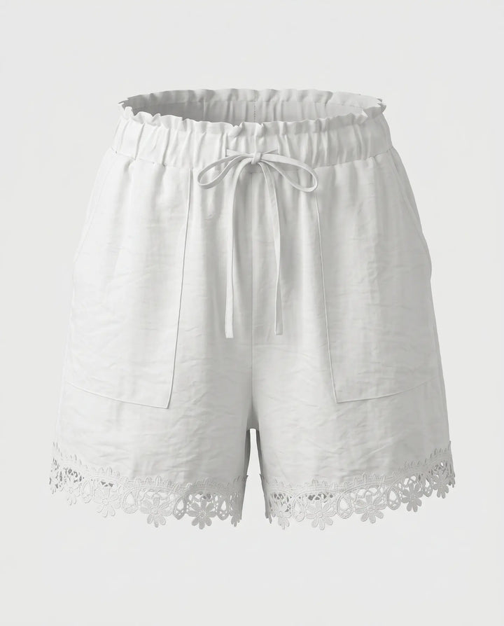 SOLACE  White Lace Trim Drawstring High Waist Shorts 