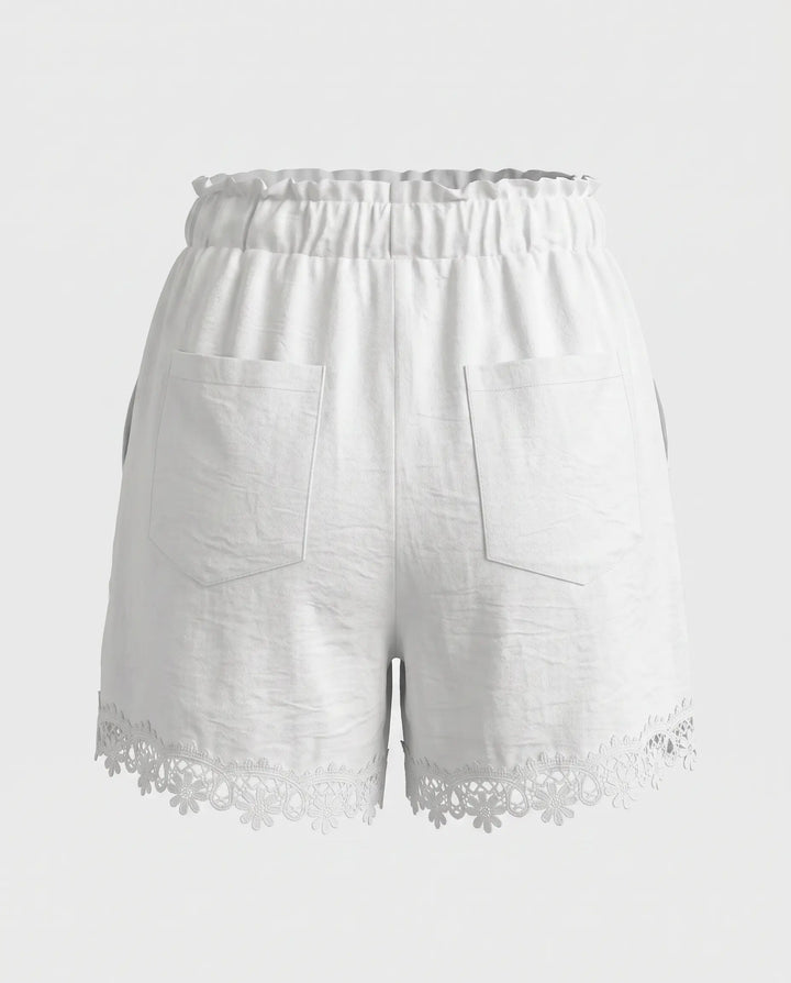 SOLACE  White Lace Trim Drawstring High Waist Shorts 