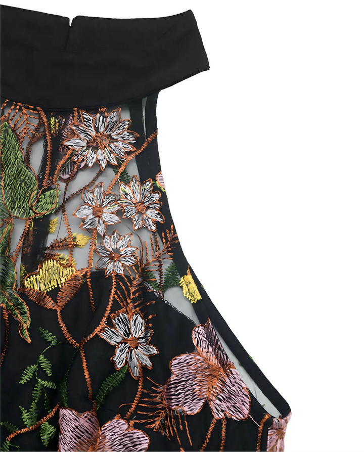 Black Floral Embroidered Mesh Halter Neck Pleated Wide Leg Jumpsuit