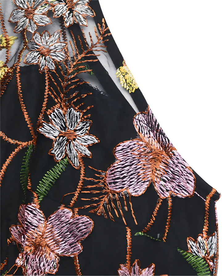 Black Floral Embroidered Mesh Halter Neck Pleated Wide Leg Jumpsuit