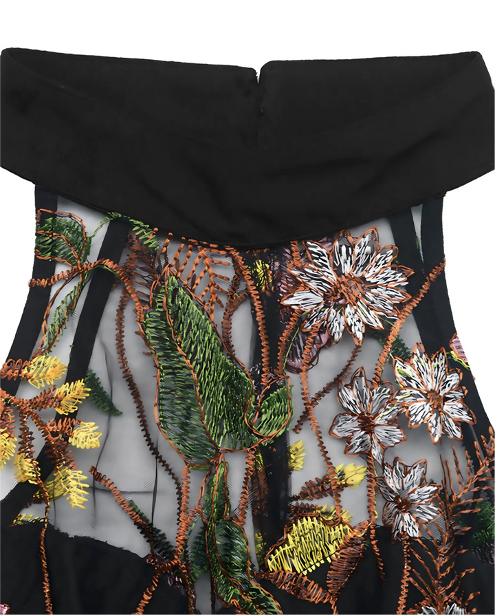 Black Floral Embroidered Mesh Halter Neck Pleated Wide Leg Jumpsuit