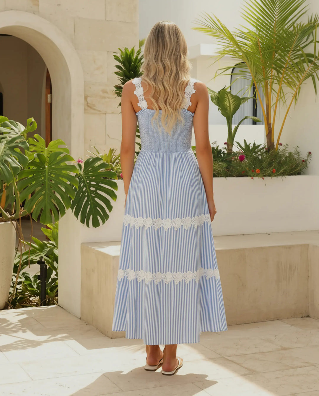 SOLACE  Blue Stripe Lace Trim Smocked Bust A-Line Maxi Dress 