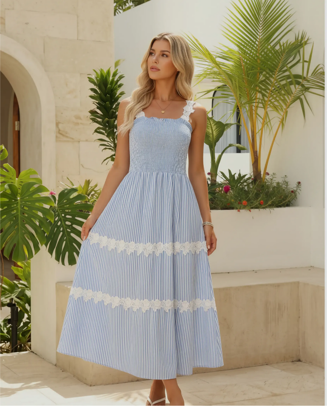SOLACE  Blue Stripe Lace Trim Smocked Bust A-Line Maxi Dress 