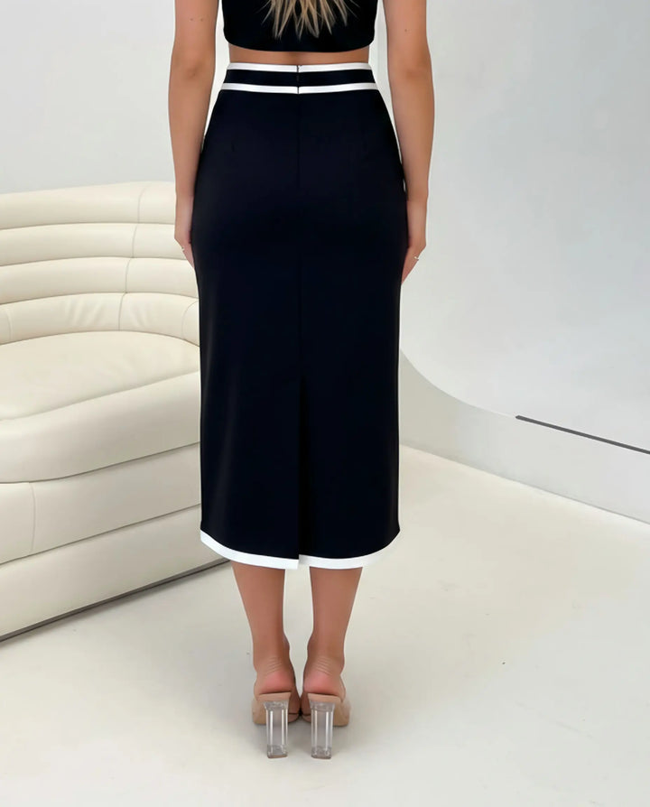 SOLACE  Black Contrast Trim High Waist Midi Bodycon Skirt 