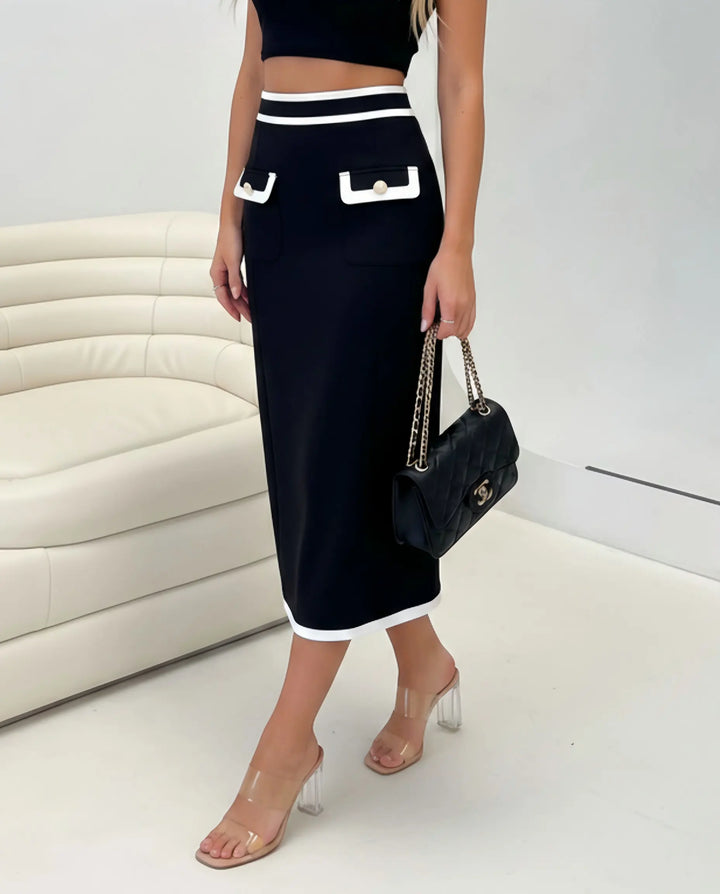 SOLACE  Black Contrast Trim High Waist Midi Bodycon Skirt 